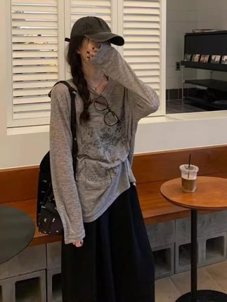 灰色小个子松弛感宽松长袖t恤女夏季空调防晒衫慵懒罩衫上衣薄款