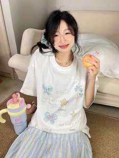 女oversize夏季 白色宽松短袖 涂鸦蝴蝶印花圆领t恤情侣休闲上衣ins