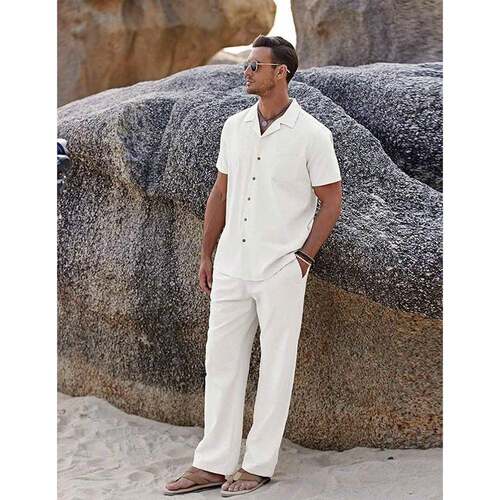 Men 2pcs Linen Outfit Beach Button Shirt Casual Loose Pant
