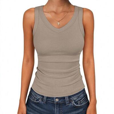 V Neck Racer Back Tank Top for Women Padded Ribbed Long Tank