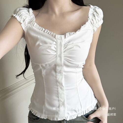 Striped Square Neck Lace Trim Short Sleeve Shirt Y2K Style