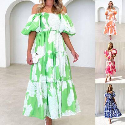 Women's Floral Print Puff Sleeve Dress Casual Off Shoulder