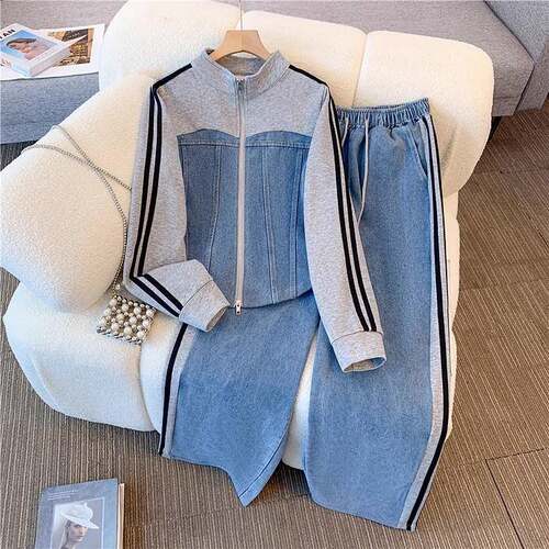 Women Preppy Style Patchwork Contrast Denim Sets Stand