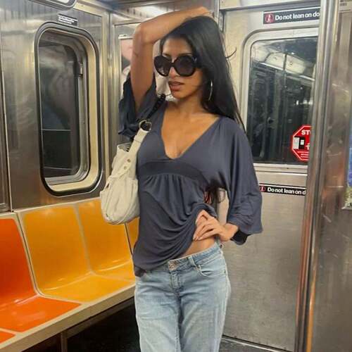 Elegant Slim-Fit V-Neck A-Line Knit Blouse for Women Retro