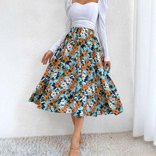 Women's Mid-Length Elastic Waist Floral Print Skirt  Casual