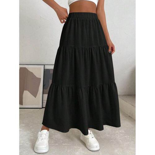 Women's Plain Ruffle Hem Flared Skirt  Casual Boho High