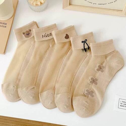 5 Pairs Women’s Spring Summer Sheer Crystal Mid-Calf Socks