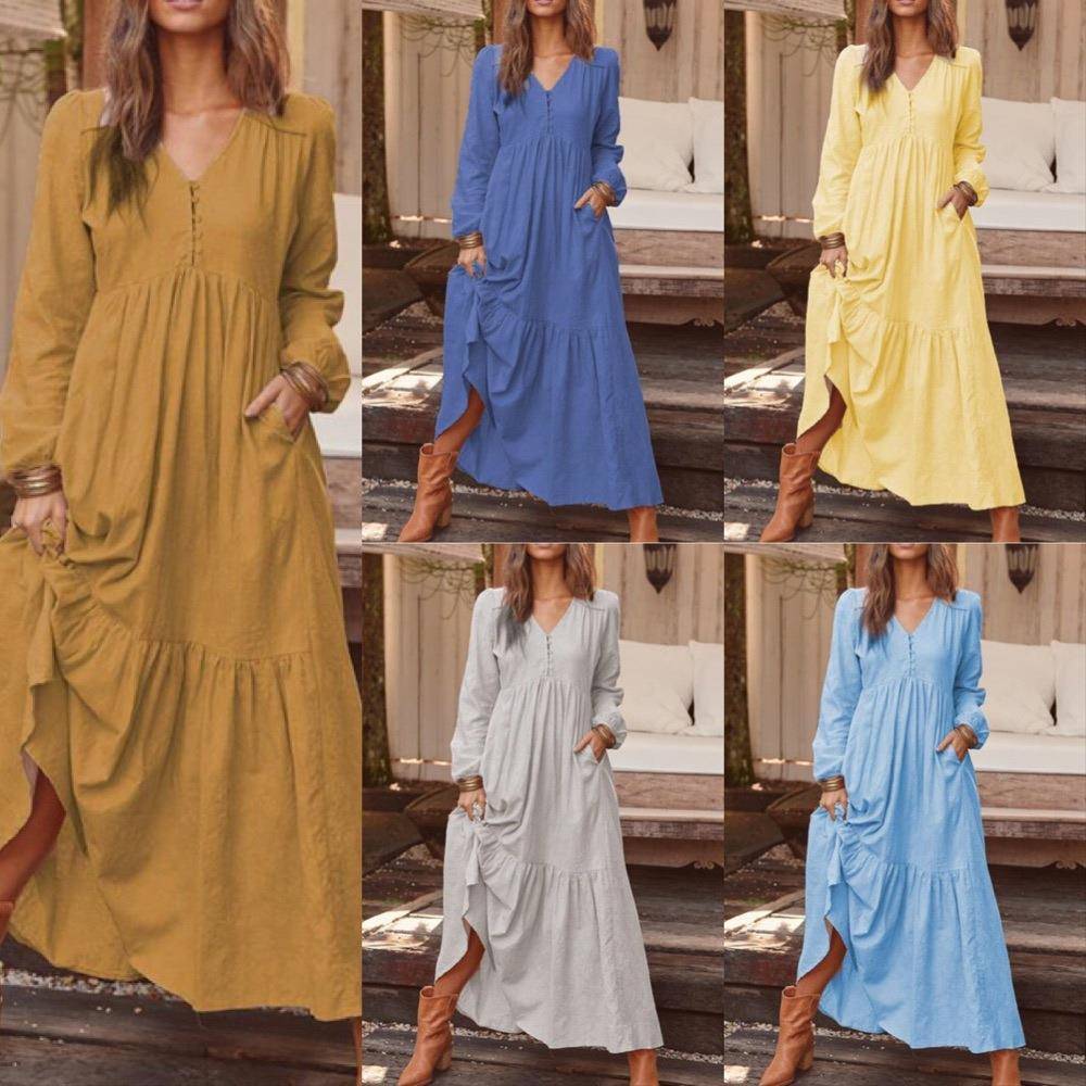 Women's Cotton Linen Peasant Maxi Dresses Button Up Long图片