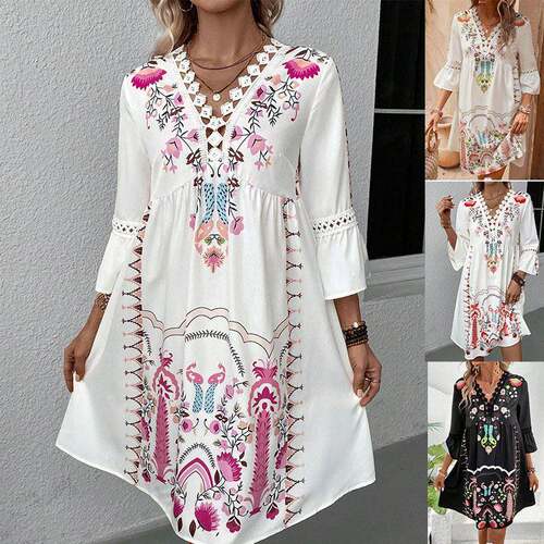 A women's printed Floral V-neck lace spliced bell-sleeve