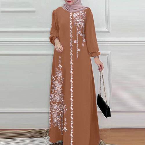 Elegant Muslim Long Robe Round Neck Long Sleeve Design