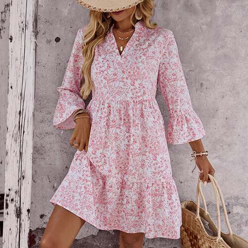 Emory Ross Womens Floral Print Ruffle Neck Flounce Sleeve