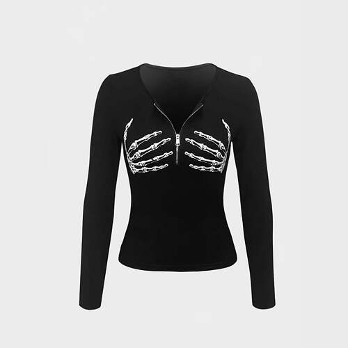 Women's Halloween Skull Skeleton Print Zipper Long Sleeve