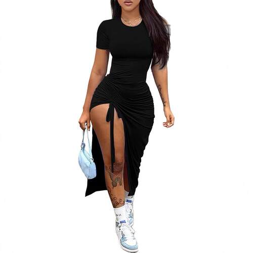 Women's Plain Ruched Drawstring Split Thigh Bodycon Dress