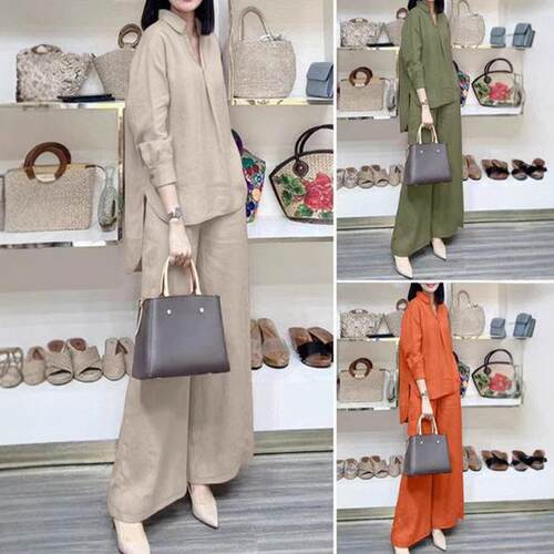 Set Women's Solid Color Top & Wide Leg Pants Casual Long