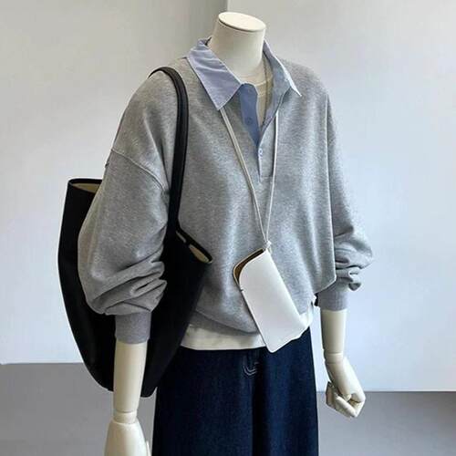 Womens Korean Style Casual Solid Color Fitted Sweatshirt