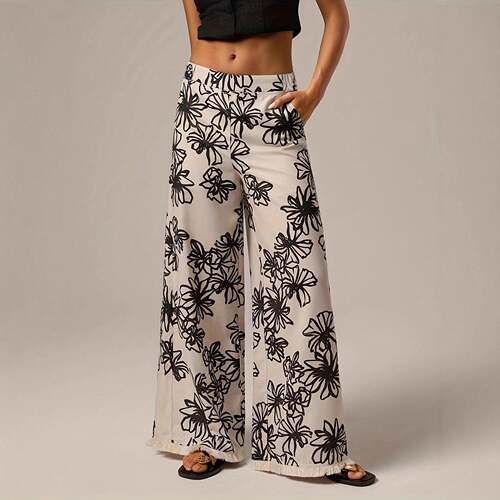 Women's Elegant Floral Print Wide Leg Pants  Ladies Bottom