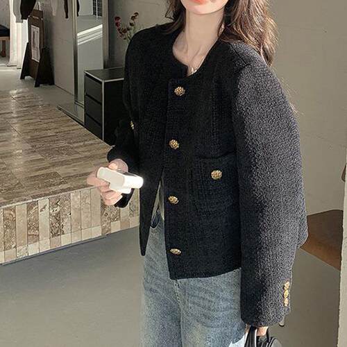 Danedvi Women's Solid Polyester Cardigan Knit Tweed Blazer -