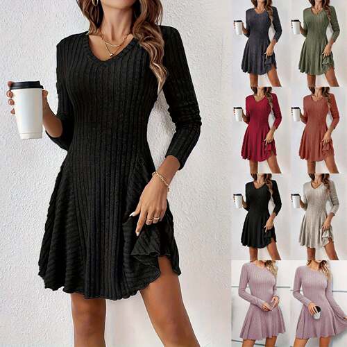 Women's Plain Lettuce Trim V Neck A Line Dress Casual Long
