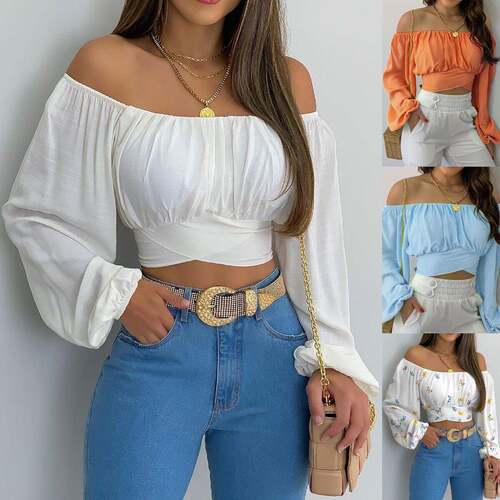 Solid Cross Tie Back Crop Blouse  Casual Off Shoulder Long