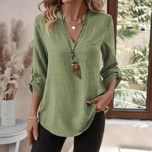 Womens Casual Long Sleeve Shirt V Neck Fitted Top Office