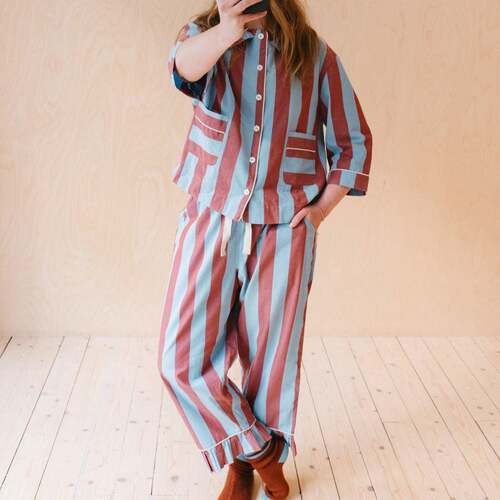 Women's Matching Pajamas Stripe Print 3/4 Sleeve Doll Collar