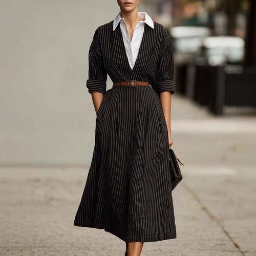 Striped Dress Fake Two-Piece Seven-Quarter Sleeve Shirt