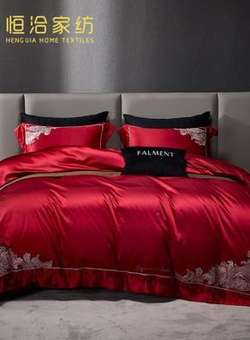 婚庆DKY真丝锦锻床单四套长件绒棉棉轻套奢刺绣被床盖结婚床品红