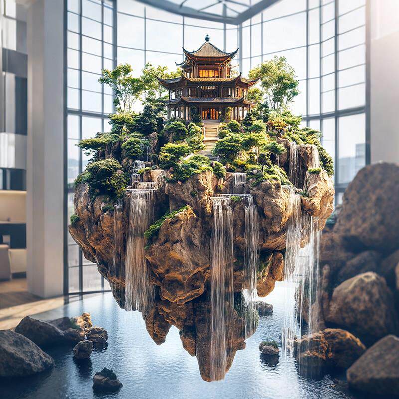 真大型XDT悬挂流水山造财神殿景观景室内商场仿酒店假垂吊悬浮岛