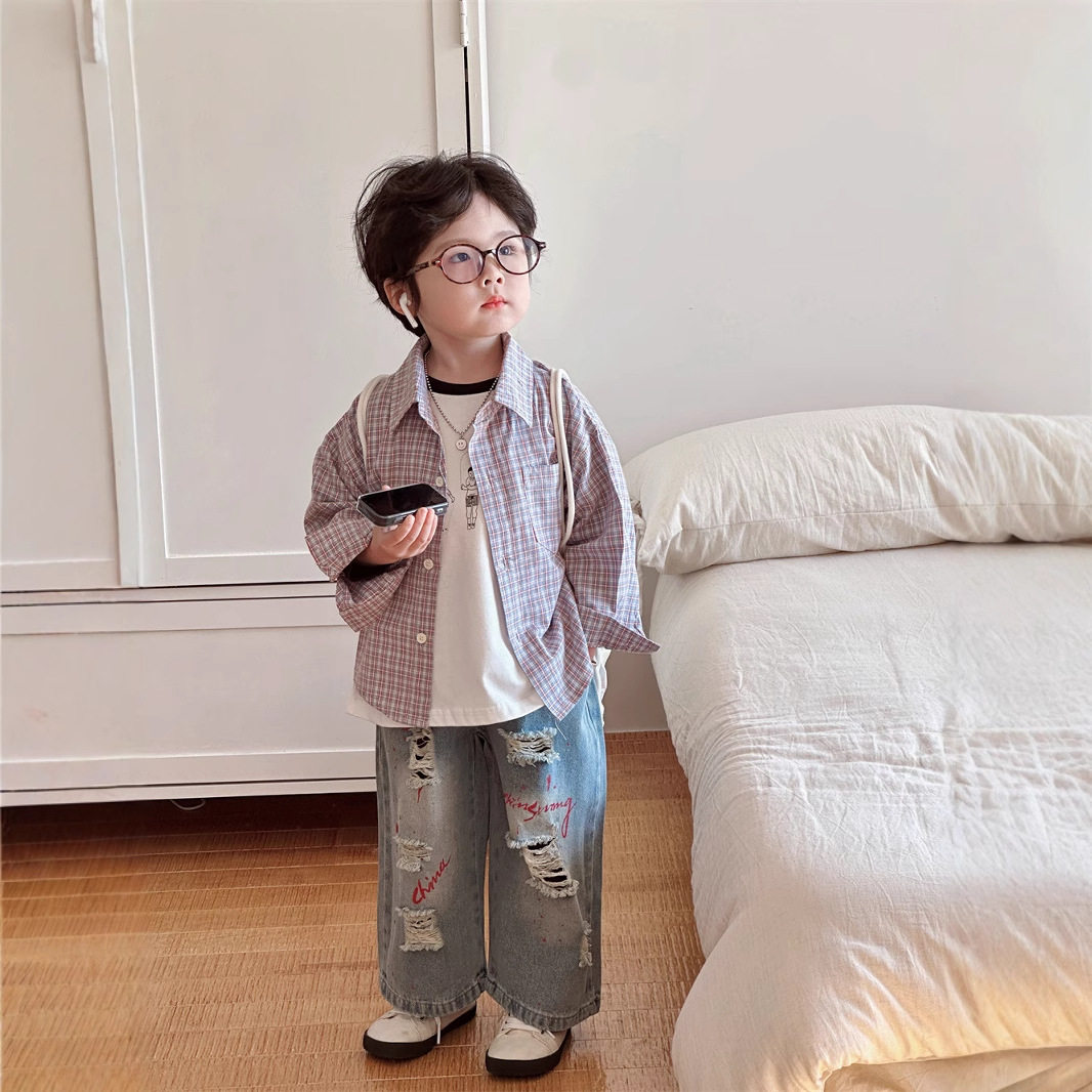 蒙田男童复古破洞超酷牛仔裤韩版休闲百搭格子衬衣拼色打底童套装