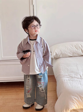 蒙田男童复古破洞超酷牛仔裤韩版休闲百搭格子衬衣拼色打底童套装
