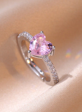 戒指女日韩风爱心锆石开口戒指甜美小众设计食指戒网红可调节指