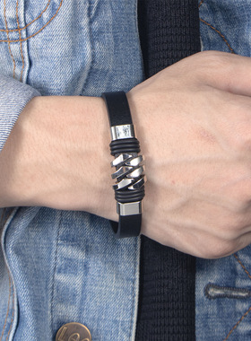 时尚简约皮绳手链韩版男士个性手环单条不锈钢夹扣合金配件手饰