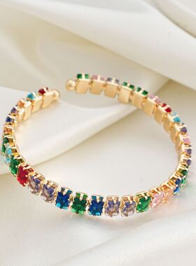 欧美爆款彩色方形锆石手镯时尚个性高级感百搭气质开口手饰女