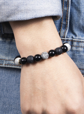 新款火山石熔岩方块编织手链男士哑光黑玻璃珠子可调节手串