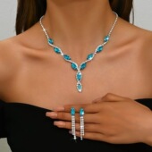 优雅 耳环项链套装 蓝色水钻设计感锁骨链适合婚礼舞会派对颈链