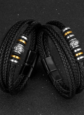 亚马逊手工三层编织欧美风皮革手链男士时尚合金串珠手镯