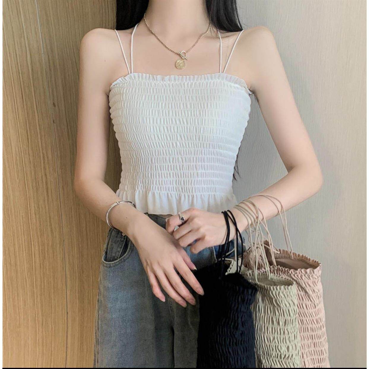 冰丝美背吊带背心女带胸垫外穿双肩带褶皱中长款纯色打底抹胸内衣