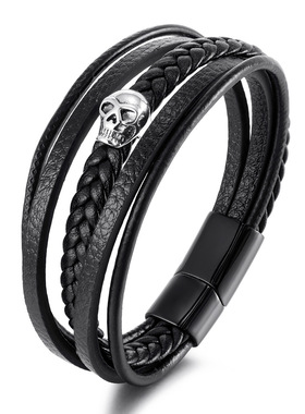 亚马逊原创另类朋克钛钢皮质手链男士不锈钢磁扣编织麻花手镯