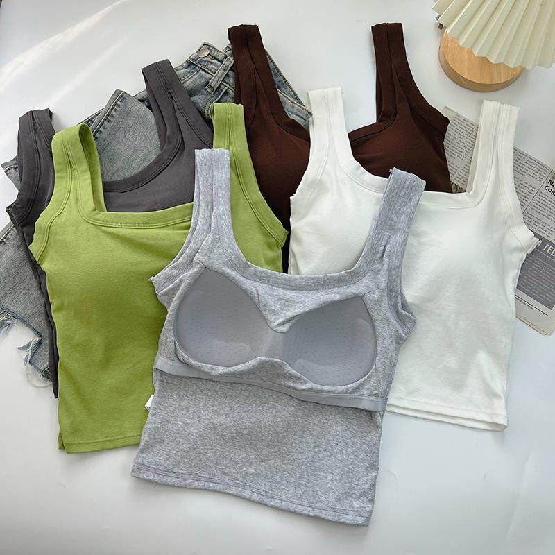 纯棉方领背心女带胸垫一体杯吊带内搭打底外穿ins潮辣妹短款抹胸