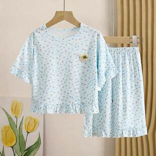 儿童睡衣套装夏季新款女孩无骨莫代尔七分裤女童空调服家居服童装