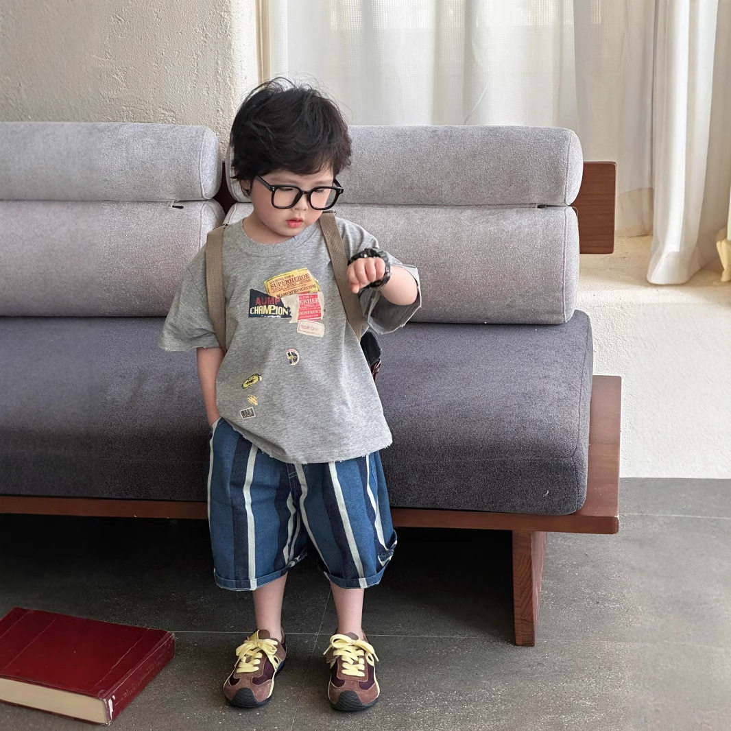 蒙田童套装2025夏季男童双纱复古印花短袖T+色织条纹牛仔短裤套装