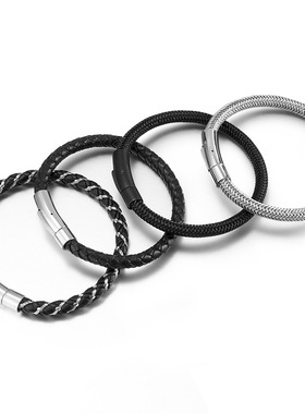 饰品极简风手工编织皮绳不锈钢情侣手链男女设计感学生手环