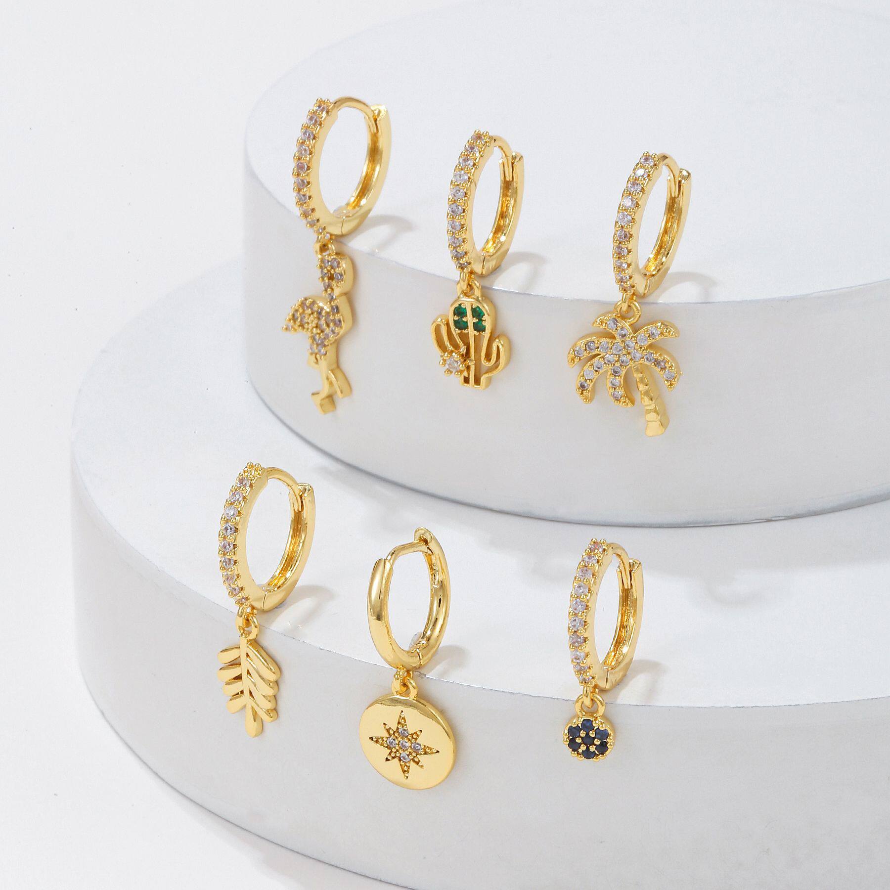 欧美时尚金色椰子树耳扣女小众轻奢气质感耳环套装耳饰