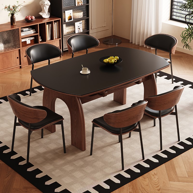 馨佰利中古风岩板餐桌椅20新款家用可变圆桌复古实木小户型饭桌