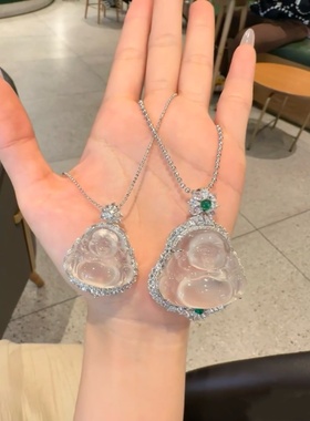 天然高冰玉髓白冰佛笑吊坠镀925银镶玉石项链佛公弥勒佛情人节