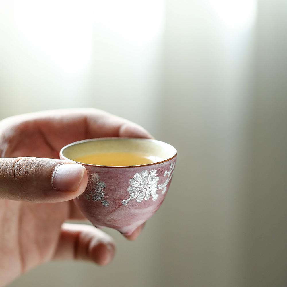 景德镇晴先生绛纱版刻手绘银雏菊茶杯手工手绘主人杯陶瓷品茗杯