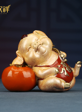 精品铜欣祥 彩铜《诸事如意》生肖猪柿子摆件桌面装饰品生日礼品