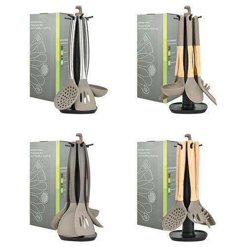 新款木柄硅胶厨具套装不粘锅烹饪煎铲漏铲汤勺漏勺收纳座支架套装