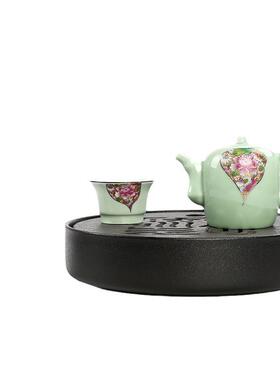 日式天M-012410然金石夫茶具圆形小乌号功茶盘储水古家用套装复陶