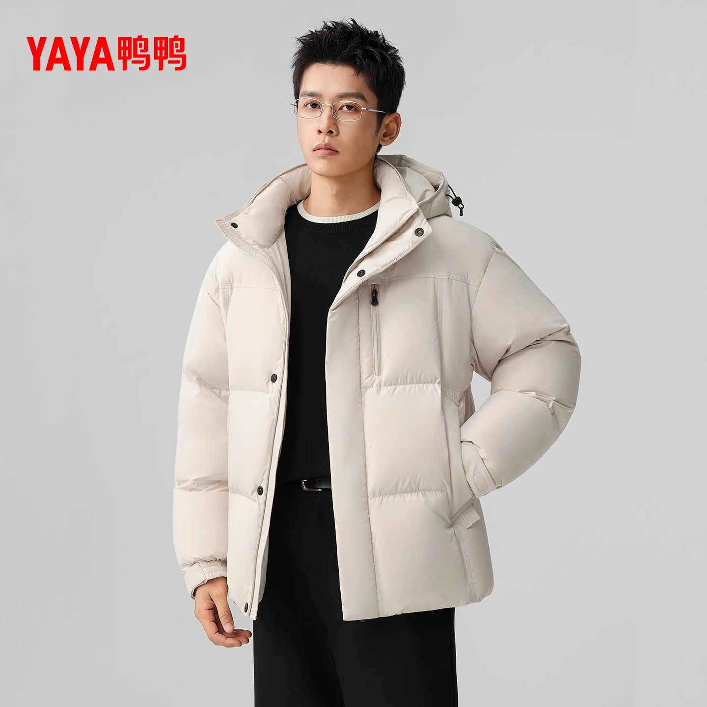 YAYA鸭鸭羽绒服男2025冬季新短款时尚面包服休闲宽松连帽保暖外套